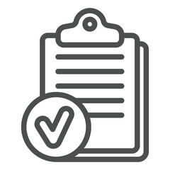 Poster - Clipboard with notes and approval emblem line icon, clinical research concept. Vector graphics. List checkmark bubble sign on white background, outline style icon for mobile or web design.