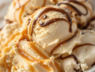 Poster - A close up of a bowl filled with creamy ice cream topped with a rich, caramel drizzle. The ice cream has a smooth, creamy texture, and the caramel swirls around the bowl, creating a visually appealing