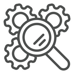 Poster - gear mechanism with magnifier line icon, repair service concept. vector graphics. magnifying glass a