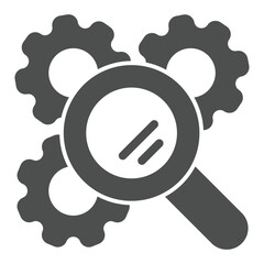 Fototapete - Gear mechanism with magnifier solid icon, repair service concept. Vector graphics. Magnifying glass and cogwheels sign on white background, glyph style icon for mobile or web design.
