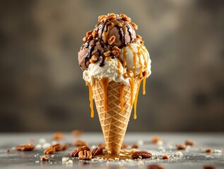 Poster - A close-up of an ice cream cone filled with a variety of toppings, including chocolate and caramel, with a few pecans scattered on the surface beneath. The background is slightly blurred, emphasizing 