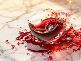 Fototapete - A close-up of a glass filled with a deep red liquid, likely wine, with a glossy sheen reflecting light. The liquid has a vibrant red hue, and the glass is set against a marble surface, giving the imag
