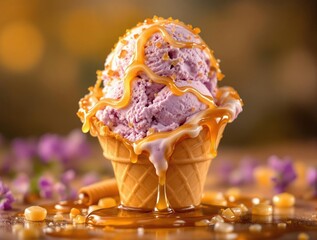 Aufkleber - A close-up of a scoop of ice cream in a waffle cone, with a rich, caramel-colored topping drizzled over it. The ice cream is a vibrant purple hue, contrasting with the golden-brown of the