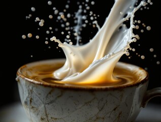 Fototapete - A close-up shot of a cup filled with a frothy beverage, likely coffee or tea, with a splash of milk against a dark background.