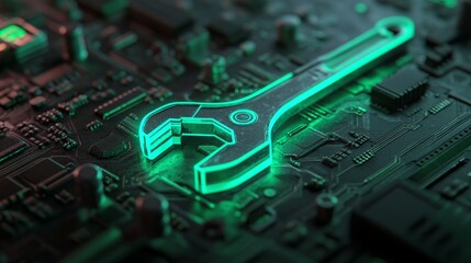 Fototapete - A 3D render of a green neon light tool icon and vibrant colored configure technology symbol set against a black background with a high-tech floor