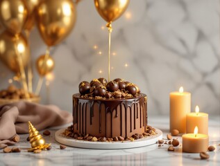Aufkleber - A festive scene featuring a chocolate cake adorned with golden balloons, surrounded by candles, coffee beans, and a cloth. The background is softly blurred, emphasizing the cake as the main subject.
