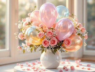 Poster - A vase filled with a vibrant bouquet of roses and balloons, set against a backdrop of a window. The roses are a soft pink, complemented by the balloons in a variety of colors, including pink, blue, an
