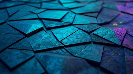 Poster - A modern surface adorned with neon lights and tetrahedrons, forming an illuminated blue geometric 3D banner