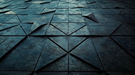 Poster - A black, 3D wallpaper featuring triangular pyramids on a dark, high-tech surface