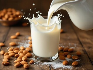 Aufkleber - A glass of almond milk being poured from a jug into a glass, with almonds scattered on a wooden surface. The background is slightly blurred, emphasizing the milk and almonds as the main subjects. The 