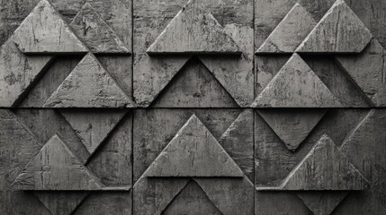Poster - A wall composed of futuristic, triangular mosaic tiles is on display, set against a background of 3D, semigloss bricks arranged to resemble a concrete block, all part of a 3D render