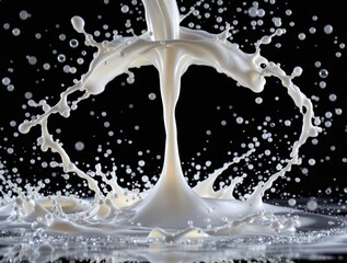 Fototapete - A high-resolution, close-up shot of a white liquid, likely milk, captured in a dynamic splash against a dark background. The liquid appears to be in motion, with droplets and ripples creating a sense 