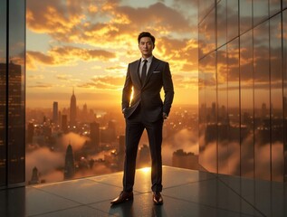 Aufkleber - A man in a suit standing atop a building, with a cityscape visible through the glass. The sky is painted with hues of orange and blue, suggesting either dawn or dusk.