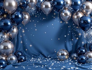 Poster - A festive scene with a backdrop of shimmering blue fabric, adorned with a multitude of shiny silver balloons that catch the light, creating a shimmering effect. Snowflakes are scattered throughout, ad