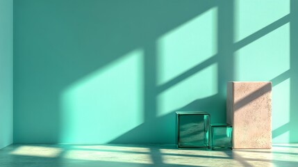 Poster - A blue surface features acrylic blocks, evoking a futuristic tech aesthetic with available copy space, as depicted in a 3D render