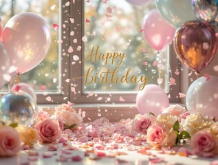 Poster - A vibrant and festive scene of a birthday celebration, with a window sill adorned with a variety of balloons in pastel shades of pink, blue, and white, and a bouquet of pink roses at the forefront. Pe