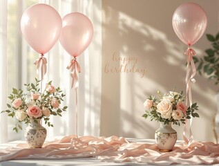 Aufkleber - A room with a table adorned with three pink balloons tied with ribbons, two vases filled with flowers, and a draped cloth. The background features a wall with a text, and the scene is illuminated by n