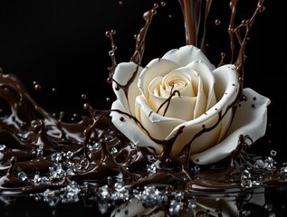 Aufkleber - A glossy, dark chocolate-colored rose in the foreground, with a dark background. The rose is white, contrasting sharply with the rich brown of the chocolate, and there are droplets of chocolate splash