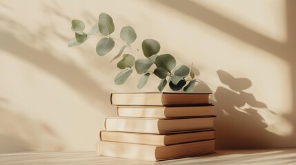 Poster - Five neatly arranged books rest on a surface, complemented by a delicate eucalyptus sprig. Soft light filters through, creating gentle shadows and enhancing the serene atmosphere