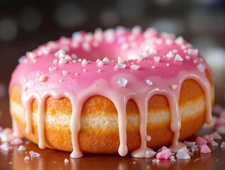 Poster - A close-up of a pink glazed donut with white sprinkles, set against a blurred background. The donut has a golden-brown hue, and the pink icing is smooth and glossy. The sprinkles are small and white