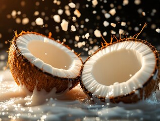 Poster - A close-up shot of two halved coconuts with milk splashing out of them, set against a blurred background with a bokeh effect.