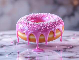 Aufkleber - A vibrant pink glazed donut adorned with white sprinkles, sitting atop a marble surface with a blurred background.