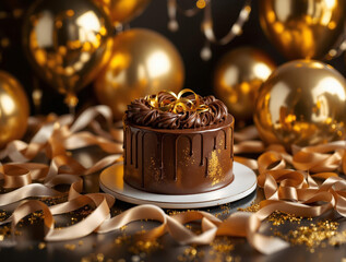 Aufkleber - A festive scene featuring a chocolate cake adorned with golden decorations, such as ribbons and spherical objects, set against a dark background.