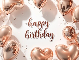 Poster - A vibrant and celebratory scene featuring a white background adorned with rose gold heart-shaped balloons and a 'Happy Birthday' card. The balloons are of varying sizes and shapes, with some appearing