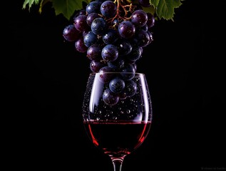 Poster - A high-resolution photograph of a glass filled with a deep red wine, accompanied by a bunch of black grapes with green leaves, set against a dark background.