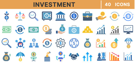 Poster - Investment Icon Set – 40 Flat Vector Icons of Finance, Money, Banking, Stock Market, Wealth, Savings, Business Growth, Cryptocurrency, Economy, and Trading