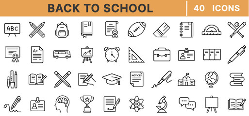 Poster - Back to School Outline Icon Set – 40 Editable Vector Icons of Education, School Supplies, Learning, Books, Graduation, Stationery, Classroom, Academic Tools, and Study