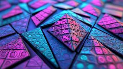 Poster - A vibrant, high-tech surface featuring triangular pyramids, illuminated with blue and pink polygonal 3D texture