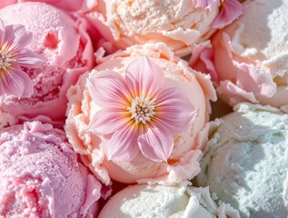 Aufkleber - A close-up of a bowl filled with scoops of ice cream, each topped with a delicate pink flower. The ice cream scoops vary in color, from a light pink hue to a creamy white, and the flower adds a touch