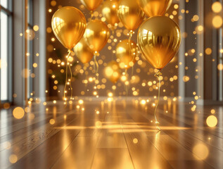 Aufkleber - A room with a polished wooden floor, illuminated by a soft, ambient light that casts a warm glow on the golden balloons and the surrounding area. The background is slightly blurred, emphasizing the bo