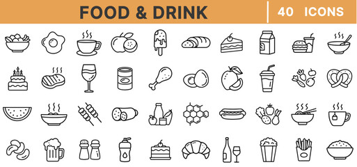 Poster - Food and Drink Outline Icon Set – 40 Editable Vector Icons of Meals, Beverages, Desserts, Snacks, Kitchenware, Restaurants, Fast Food, Healthy Eating, and Dining