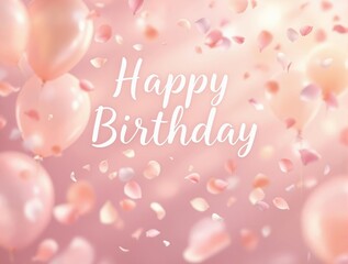 Aufkleber - A vibrant and celebratory scene featuring a 'Happy Birthday' card surrounded by pink balloons and scattered petals against a soft pink background.