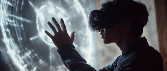 Poster - young individual interacts with futuristic virtual reality interface, showcasing sense of wonder and curiosity. immersive technology creates captivating atmosphere, blending reality and