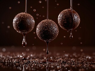 Poster - A close-up of three glossy, dark chocolate droplets suspended in mid-air against a dark background, with a few droplets on the surface below. The droplets are suspended by thin, thin wires, and the ch