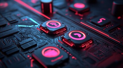 Fototapete - A futuristic motherboard is depicted with a video camera technology concept, featuring a recording symbol on a microchip, as white neon data flows between users and the CPU, in a 3D render