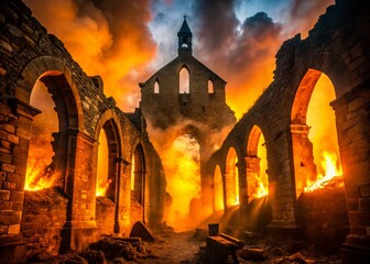Poster - Silhouette of Burning Church Ruins at Night - Dramatic Stock Photo