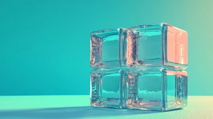 Poster - A futuristic tech concept is depicted with acrylic shapes on a blue surface, including copy space, as a 3D render