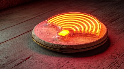 Fototapete - A neon wifi symbol is depicted in a 3D render as a vibrant Orange and Yellow Wireless Technology Concept on a high-tech floor with a black background