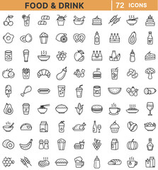 Poster - Food and Drink Outline Icon Set – 72 Editable Vector Icons of Beverages, Desserts, Meals, Fruits, Vegetables, Snacks, Kitchenware for UI and Branding