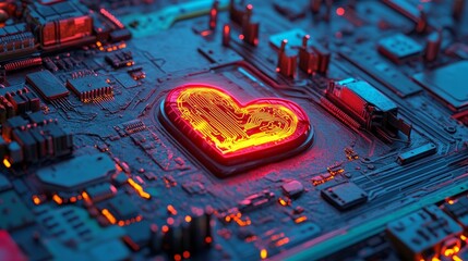 Poster - A Microchip featuring the Love Technology Concept with a heart symbol, where data flows from the CPU to a Futuristic Motherboard, is depicted in a 3D render