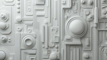 Poster - A wall is formed by neatly arranging various 3D blocks, set against a white futuristic wallpaper with copy-space