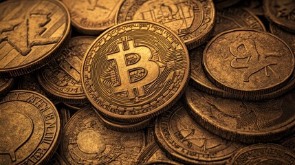 Poster - Bitcoin cryptocurrency is depicted as gold coins against a decentralized business backdrop, presented in a 3D rendering