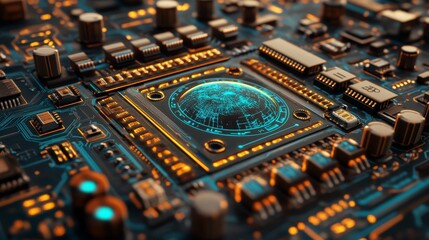 Fototapete - A futuristic motherboard is depicted with a microchip featuring a web symbol, while white neon data flows between the CPU and the user in a 3D render of an internet technology concept