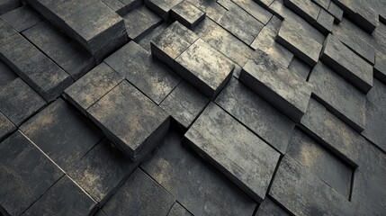 Poster - A wall formed by Arabesque, Futuristic Mosaic Tiles, with a background of Concrete blocks made from stacked 3D Blocks, finished in Semigloss, as shown in a 3D Render