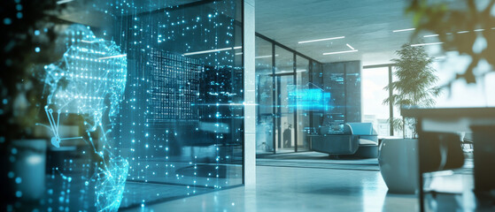 Poster - modern office space featuring advanced technology and digital interfaces, showcasing futuristic environment with holographic displays and data visualization. atmosphere is innovative and dynamic