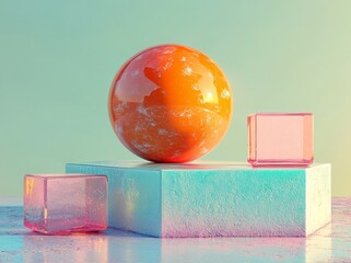 Poster - View from the front of a 3D abstract image featuring three orange balls positioned on three transparent cylinders set against a blue background